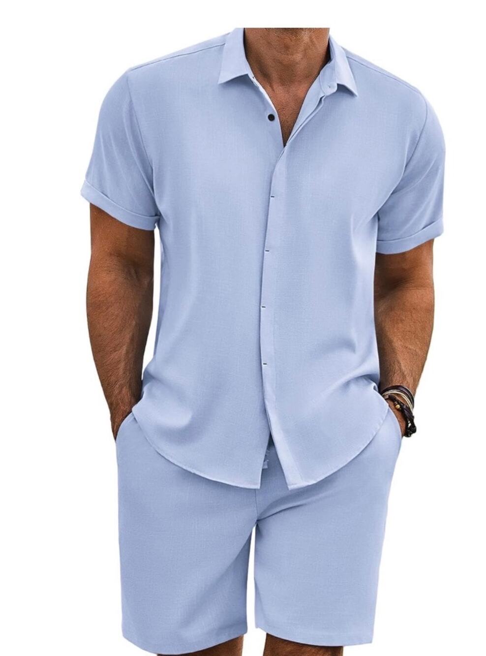 Coofandy Men 2 Piece Linen Beach Outfit Short Sleeve Shirt Shorts Set Size S New